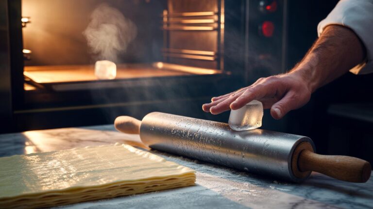 Illustration of using an ice cube to achieve consistently flaky pastry