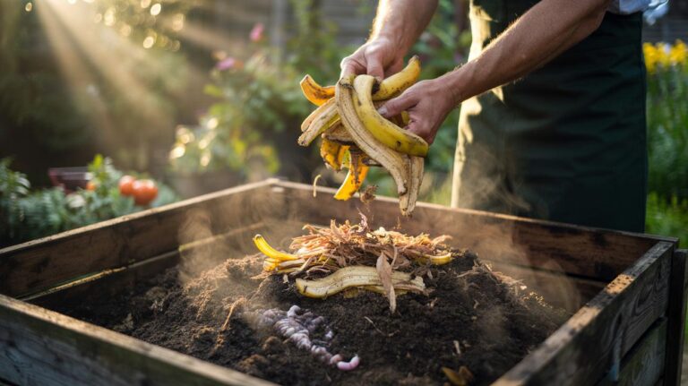 Illustration of banana peels being added to a compost heap to speed up decomposition