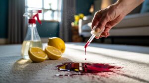 Illustration of lemon juice being used to remove a fresh carpet stain faster than a shop-bought cleaner.
