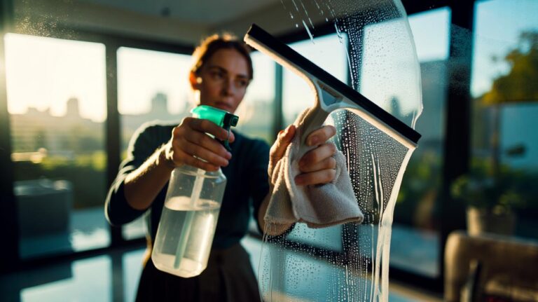 Illustration of cleaning window glass with a spray bottle of white vinegar, a microfiber cloth, and a squeegee for a streak-free shine