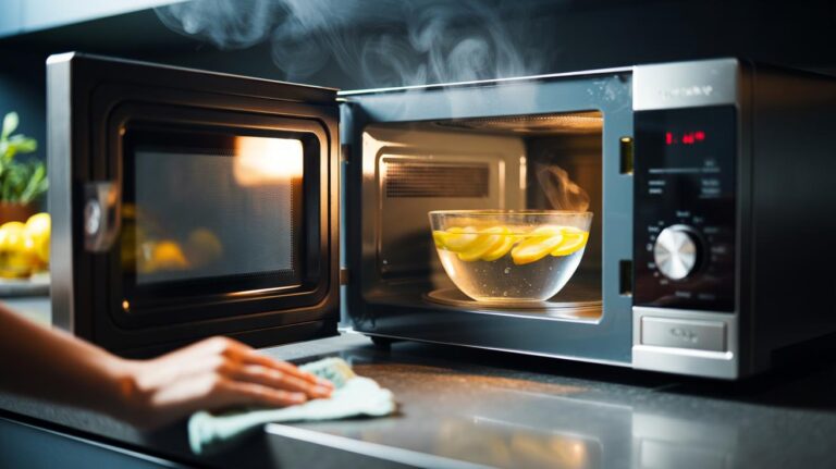 Illustration of a microwave interior with a microwave-safe bowl of water and lemon slices producing steam for a two-minute eco-friendly clean