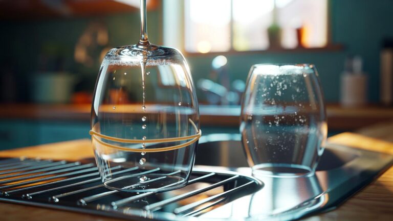 Illustration of a rubber band around the rim of an inverted glass creating a drip edge and airflow gap for faster, spot-free drying