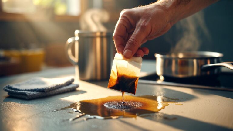 Illustration of a damp tea bag dabbing a fresh grease stain on a kitchen worktop