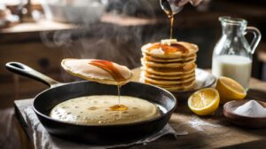 Illustration of fluffy pancakes rising within minutes as baking soda reacts with acid in the batter