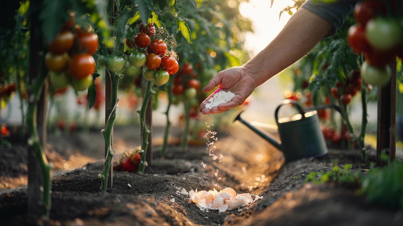 Illustration of crushed eggshells being applied around tomato plants as a slow-release calcium boost