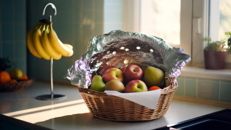 Illustration of a foil-lined fruit basket on a kitchen worktop holding apples, pears and citrus to extend freshness.