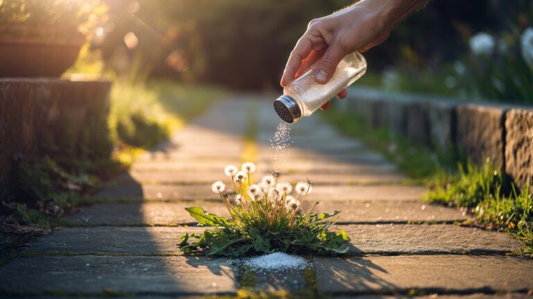 Illustration of table salt applied to weeds between paving stones to dehydrate foliage and kill them at the root