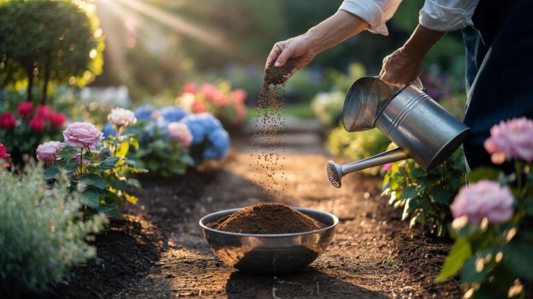 Illustration of a gardener applying cooled coffee grounds as a thin top-dressing around blooming garden flowers to promote flowering