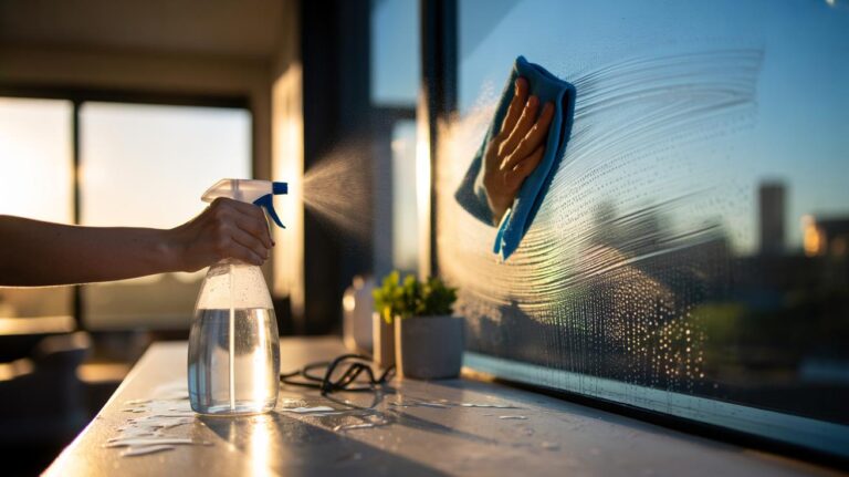Illustration of cleaning a window with white vinegar in a spray bottle and a microfibre cloth for a streak-free shine