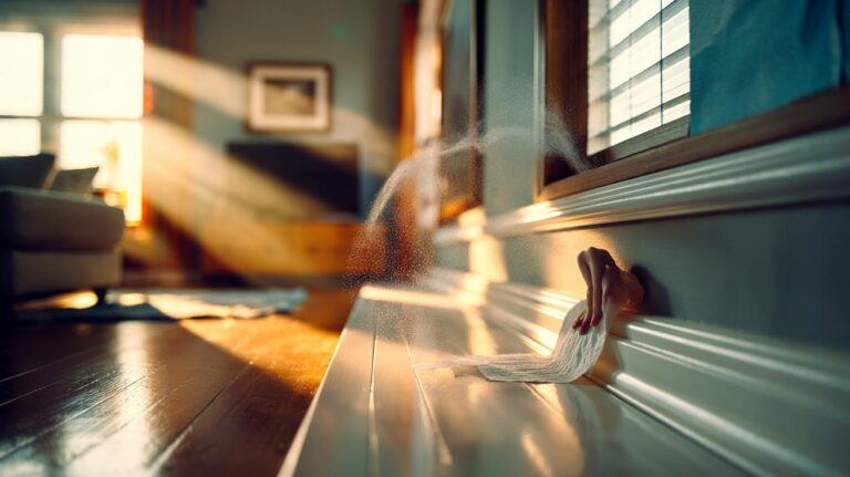 Illustration of a hand using a dryer sheet to eliminate stubborn dust from skirting boards and window blinds for a dust-free home in minutes