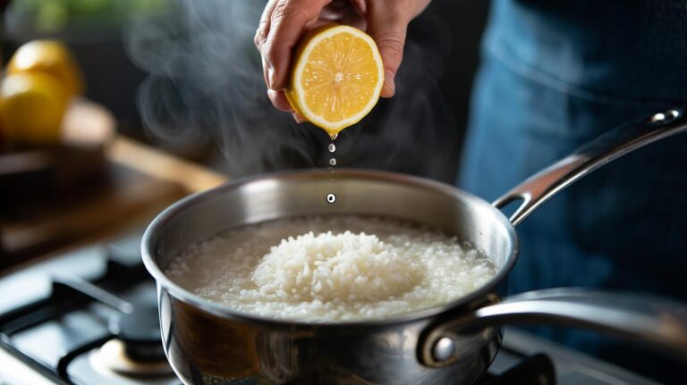 Illustration of lemon juice being added to cooking rice to keep the grains fluffy