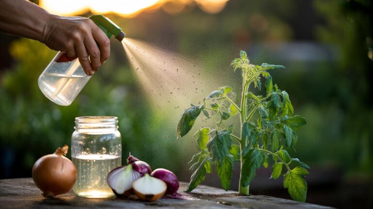 Illustration of a gardener spraying onion water on plant leaves to naturally repel aphids, thrips, spider mites, and whiteflies