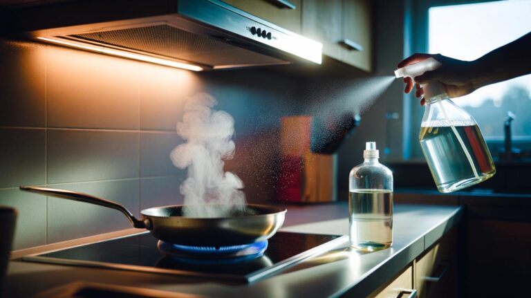 Illustration of a kitchen stovetop with a shallow pan simmering a 1:1 white vinegar-water mix under the extractor, alongside a spray bottle used to neutralise cooking odours in two minutes