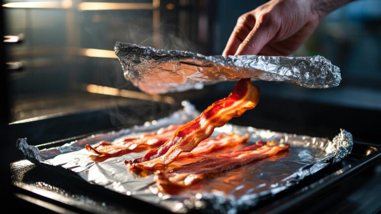 Illustration of restaurant-level crispy bacon made at home using foil wraps for perfect crispness in 10 minutes