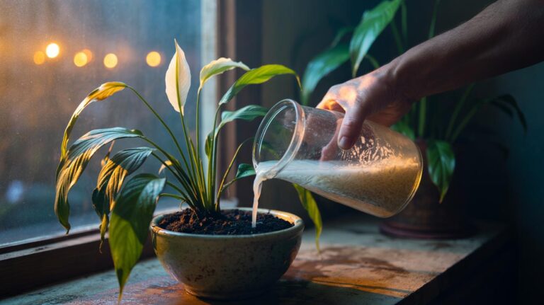 Illustration of a hand pouring cloudy rice water from a jar into the soil of a drooping indoor plant