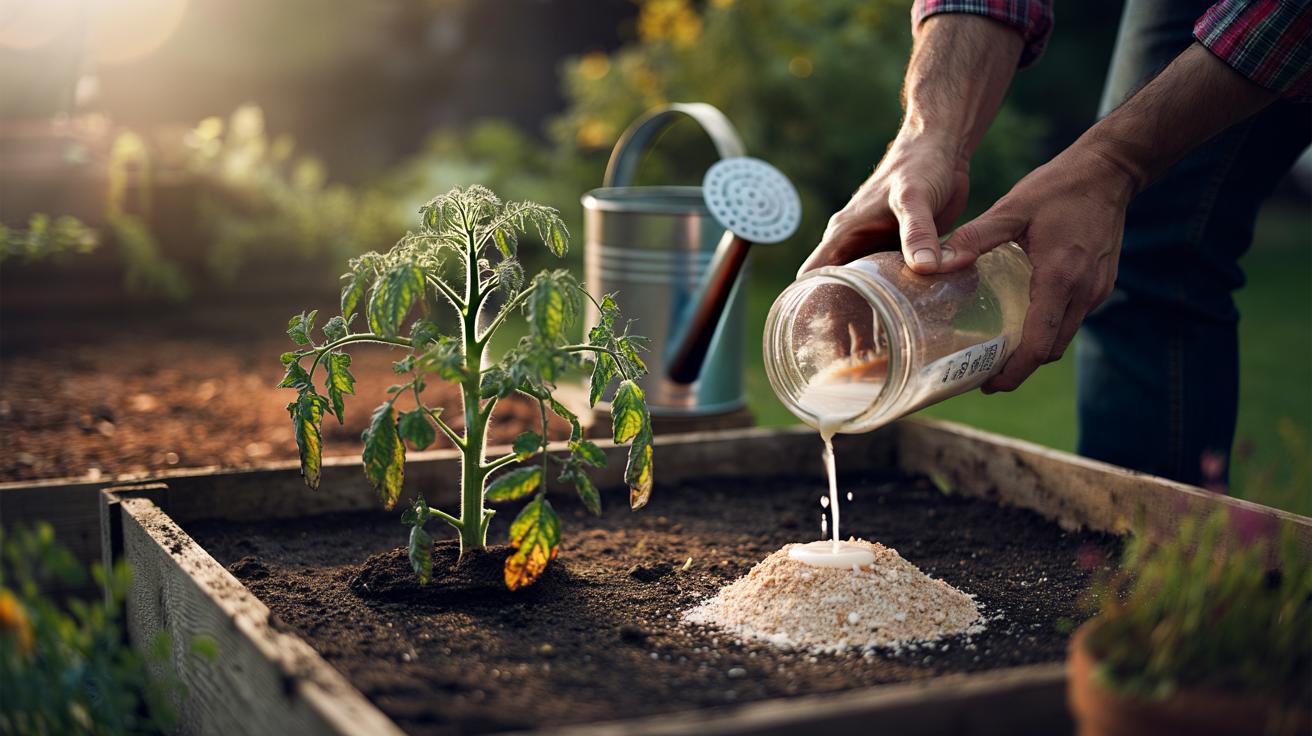 Illustration of a gardener applying a slurry and layer of crushed eggshells around wilted garden plants to improve soil moisture retention