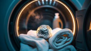 Illustration of an aluminium foil ball inside a tumble dryer with cotton towels, showing a fabric-softener-free method that reduces static and residue for softer, more absorbent towels