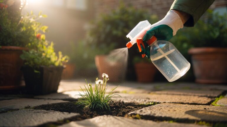 Illustration of applying vinegar to weeds while protecting nearby plants with a spray shield