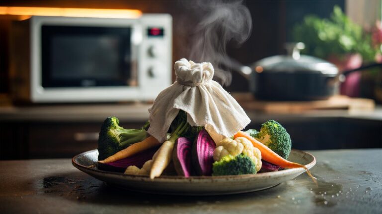 Illustration of a damp cloth steaming hard vegetables to tenderness in 10 minutes