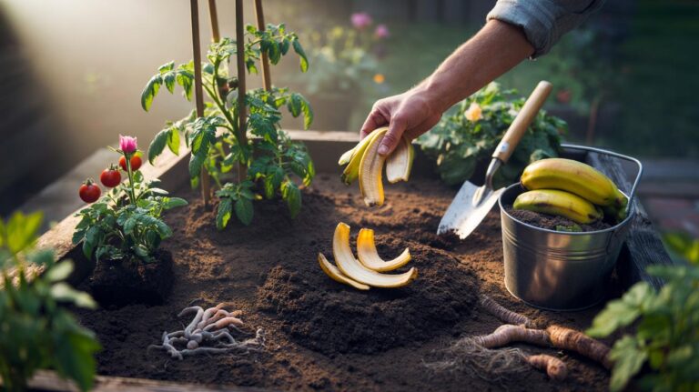 Illustration of banana peels being composted and added to garden soil as a natural potassium-rich fertilizer