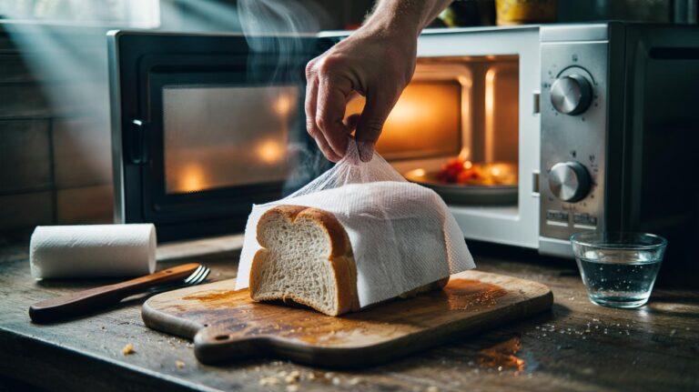 Illustration of stale bread being revived with a damp paper towel