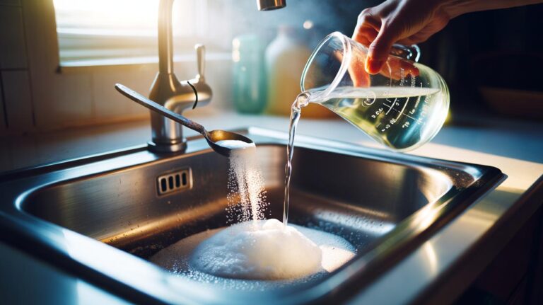 Illustration of baking soda and white vinegar being poured into a sink drain to unclog pipes in 30 seconds