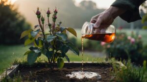 Illustration of tea bag infusion applied to the soil around rose bushes to prime buds for overnight blooming